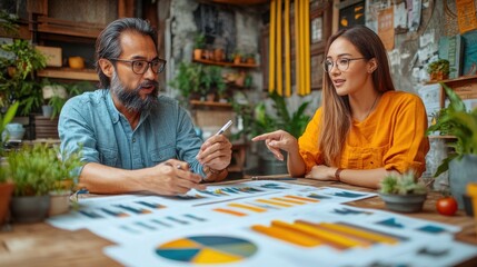 A man and woman in a casual office setting, analyzing a chart spread out on a wooden table.