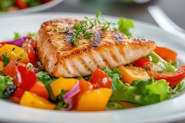 Grilled salmon fillet on bed of fresh salad.