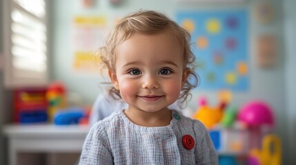 Fototapeta premium A smiling toddler in a colorful playroom filled with toys.