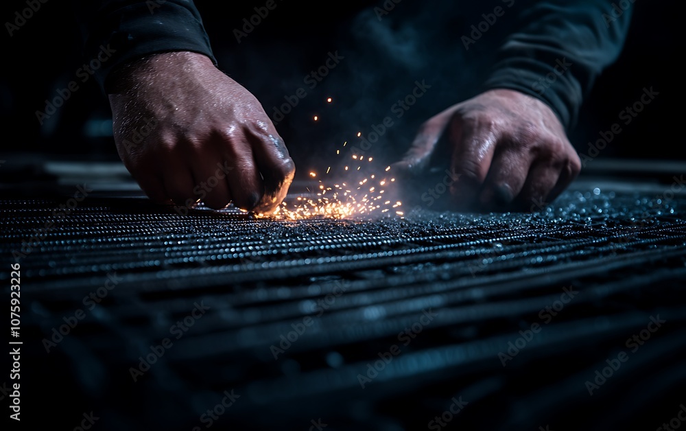 Poster an artisan's hands work with metal, creating sparks against a textured surface, capturing the essenc