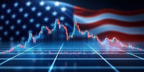 A digital graph representing financial data overlays a backdrop of the American flag, symbolizing economic trends and patriotic themes.