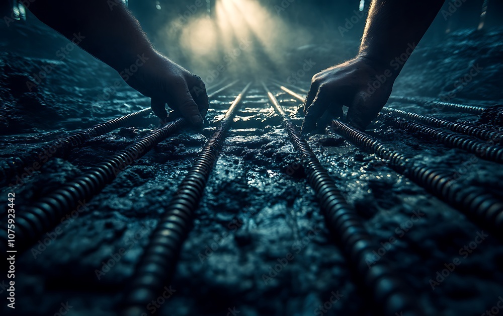 Poster hands working on steel reinforcement bars in a dimly lit environment, suggesting construction or man