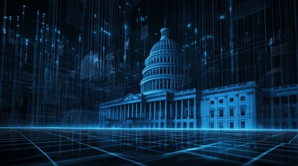 A futuristic, digital representation of a government building illuminated in blue, surrounded by cascading data streams creating a technological ambiance.