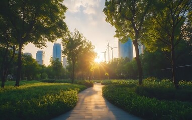 Obraz premium A serene park scene at sunrise with a winding path, surrounded by lush greenery and modern skyscrapers in the background.