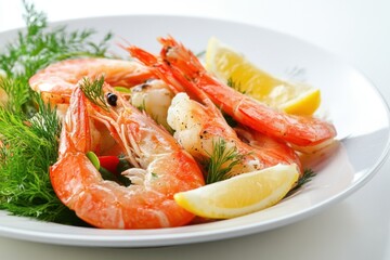 Grilled shrimp with lemon wedges and dill on white plate.