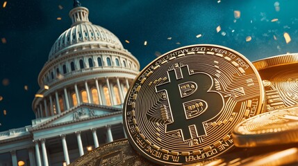 The image depicts Bitcoin coins in the foreground with the U.S. Capitol building in the background, symbolizing the intersection of cryptocurrency and government.