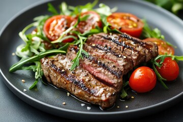Grilled steak with arugula and cherry tomatoes salad on a black plate.