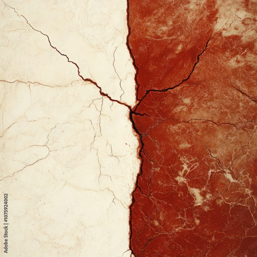 Poster abstract textured surface with cracks and crevices in warm tones of white and red, perfect for artis