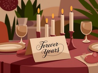 Romantic Dinner Table Setting with Candles and a "Forever Yours" Message