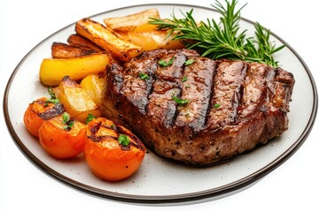 Grilled steak with potato wedges, peppers and tomatoes.