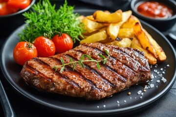 Grilled steak with potato wedges, tomatoes and greens on black plate.