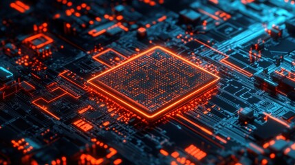Close-Up View of a Futuristic Microprocessor Surrounded by a Complex Circuit Board with Intricate Patterns and Glowing Orange Accents for Technology and Innovation Themes