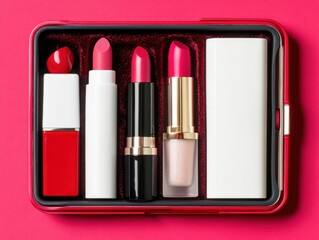 A Stylish Arrangement of Colorful Lipsticks and Nail Polish in a Chic Cosmetic Case Against a Bright Red Background