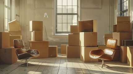 Office Relocation: A Workspace Filled with Chairs and Cardboard Boxes