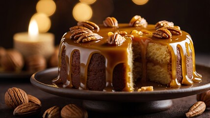 Appetizing Slice of Caramel with nuts cake.