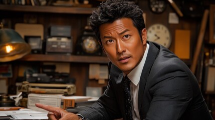 A man in a suit leans forward, pointing with a determined expression.