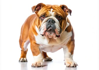 A bulldog walks in profile on a white background, showcasing its strong build and joyful spirit, perfect for dog lovers and animal aficionados seeking companionship.