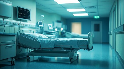 Empty Hospital Room with a Single Hospital Bed in the Foreground