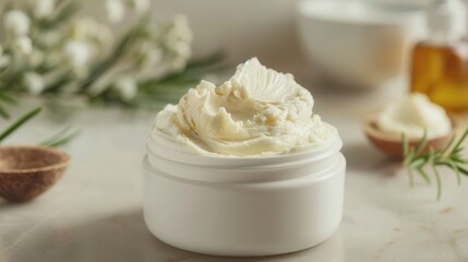 A creamy skincare product in a jar, surrounded by natural elements like herbs and oils, suggesting a focus on natural beauty and wellness.