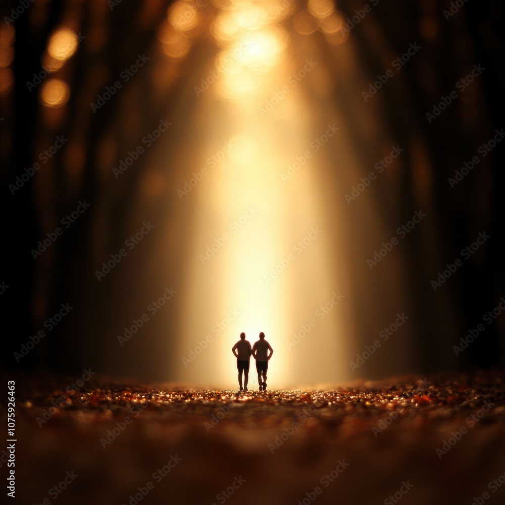 Poster two silhouetted figures walking hand in hand through a sunlit forest path with gentle rays of light 