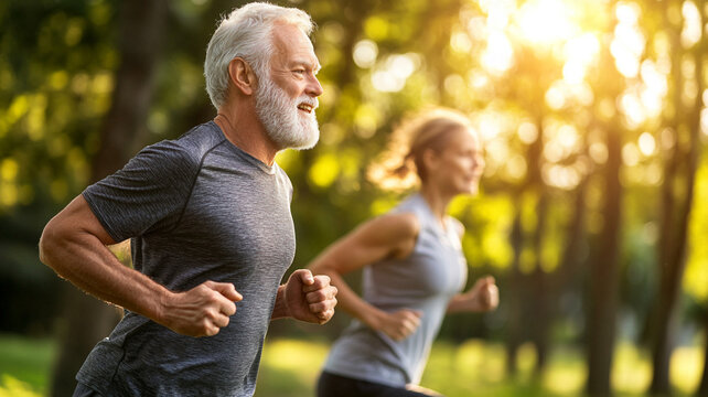 Seniors enjoying a morning jog together in a sunlit park to maintain a healthy lifestyle