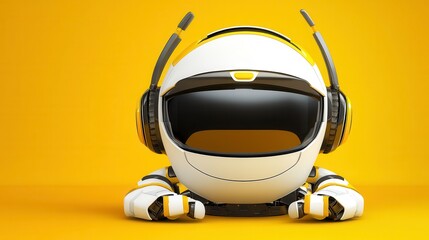 Cute robotic character with a helmet and headphones.