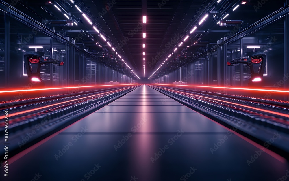 Poster a futuristic corridor featuring glowing neon lights and sleek surfaces, creating a high-tech atmosph
