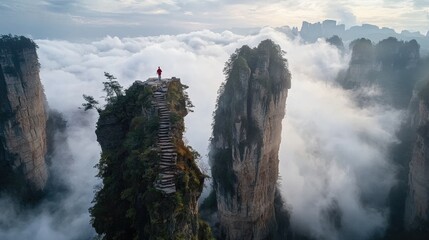 Aerial photography. The morning sun shines on the top of Zhangjiajie Mountain. From above, a particularly magnificent arched rock formation