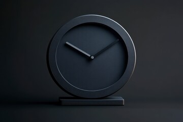 Minimalist Black clock with a textured, circular face and thin silver hands sits on a black rectangular base against a dark background.