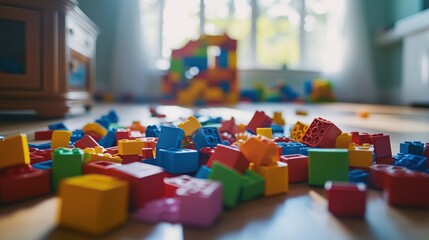 Colorful Building Blocks Scattered on a Wooden Floor