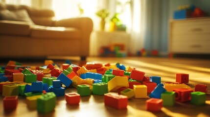 Colorful Plastic Blocks Scattered on Wooden Floor