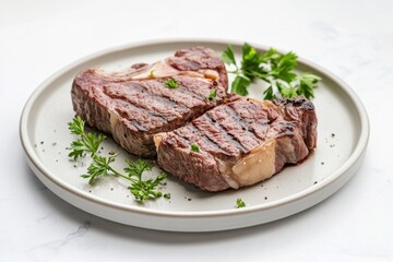 Two grilled steaks on a plate with parsley.