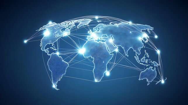 A digital representation of a connected world map with glowing lines indicating global connections.