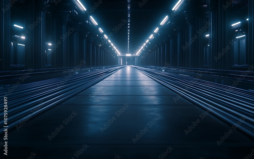 Fototapete A dimly lit, futuristic corridor with elongated metallic structures and illuminated lines creating a sense of depth and symmetry.