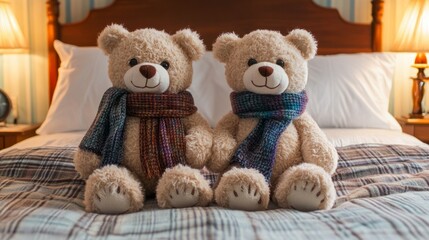 Two teddy bears sitting next to each other on a bed generative ai