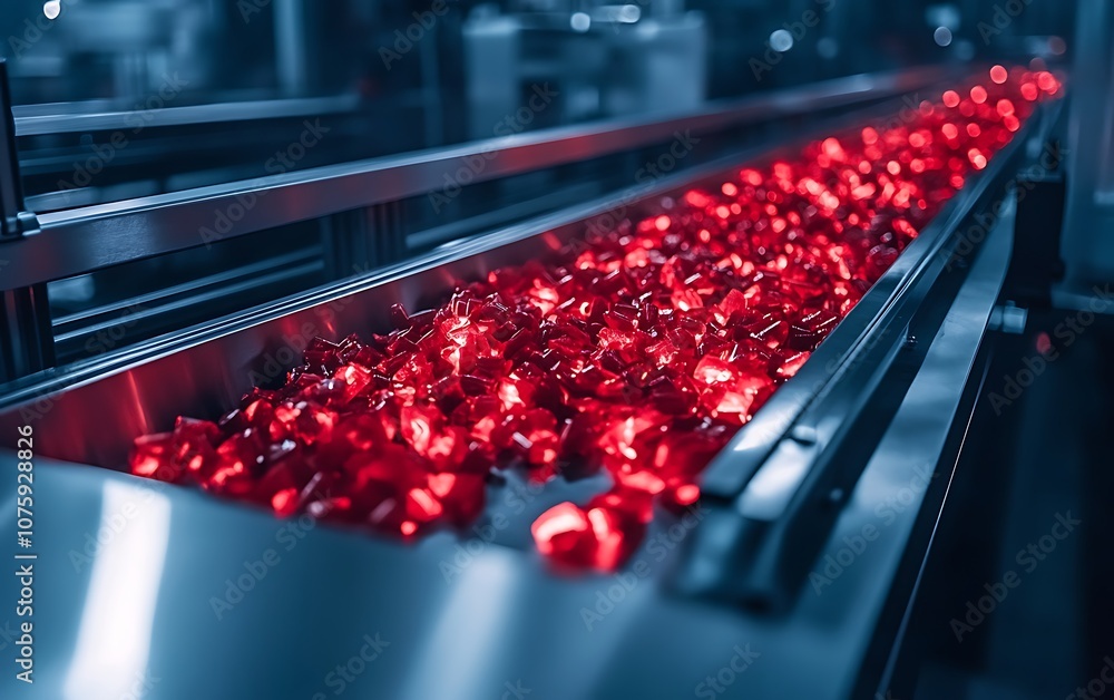 Fototapete A conveyor belt carries shiny red objects, illuminated in a factory environment, showcasing efficient automated processing.