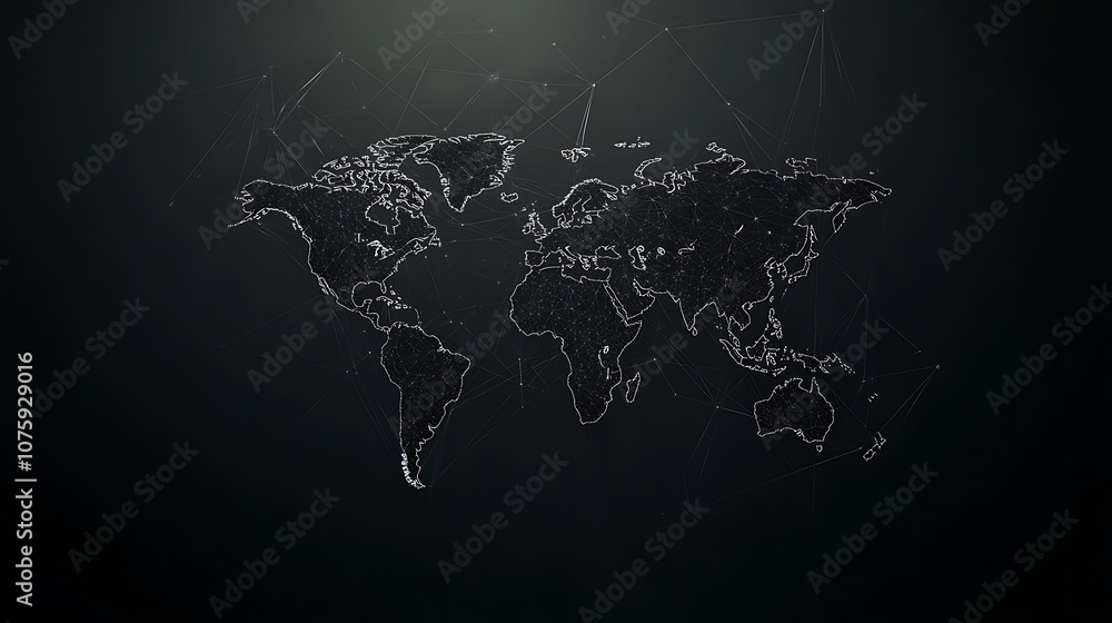 Poster A stylized world map with a dark background and interconnected lines, representing global connectivity.