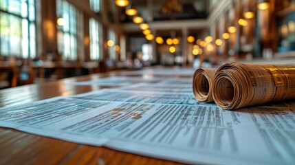 A table with printed documents and rolled papers in a caf? setting.