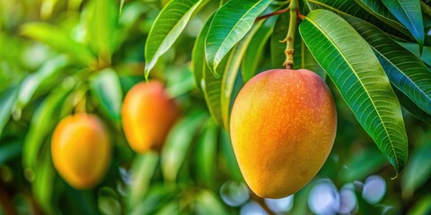 Close-Up of a Ripe Mango on a Branch with Lush Green Leaves, Tropical Fruit Photography, Nature's Bounty, Fresh Organic Produce, Vibrant Colors, Summer Harvest, Healthy Lifestyle