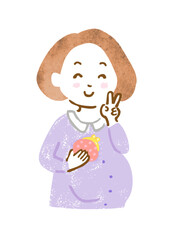 お金が入ってピースする妊婦さんの上半身手描きイラスト