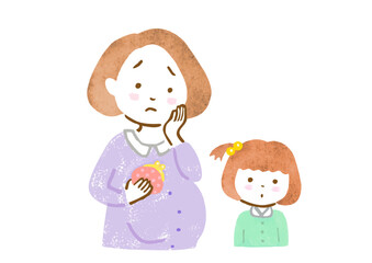 お金に悩む妊婦さんと娘の上半身手描きイラスト