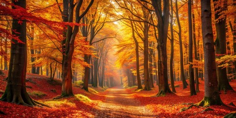 A Golden Path Through a Forest of Fall Colors, Where Sunlight Filters Through the Leaves and Creates a Mystical Atmosphere