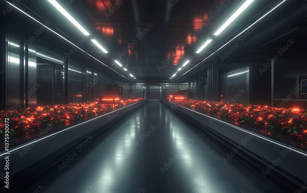 Poster a futuristic corridor with glowing lights and vibrant floral arrangements, creating a surreal and me