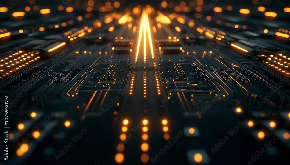 Fototapete A vibrant digital circuit board with luminous pathways and intricate patterns, showcasing technological advancement and innovation.