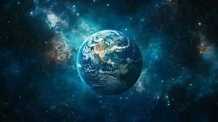A vibrant depiction of Earth in space, surrounded by a starry cosmos.