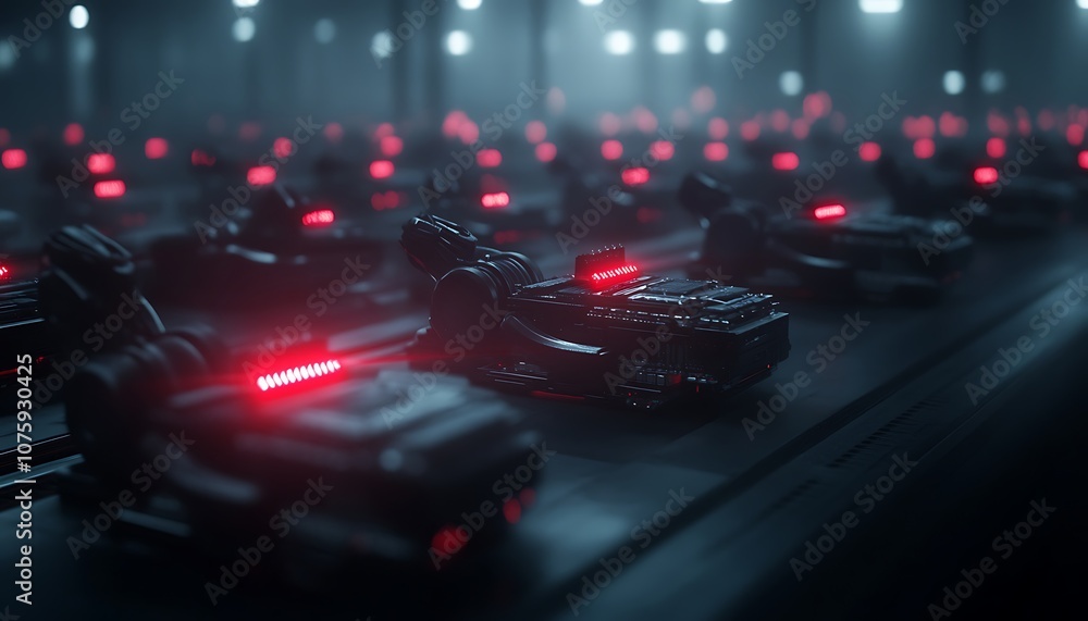 Fototapete a dimly lit environment filled with futuristic vehicles, each adorned with glowing red lights, creat