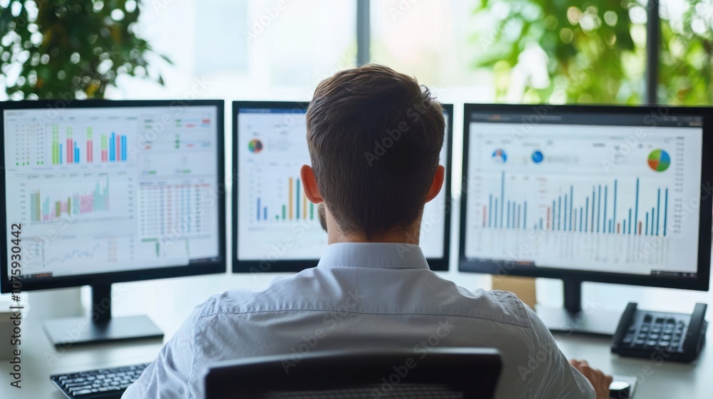 Poster businessman analyzing data on multiple monitors