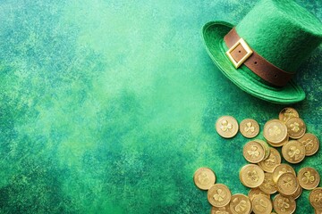 Bright Green Background with a Leprechaun Hat and Stacked Gold Coins for St. Patrick's Day or Irish Themed Celebrations and Events