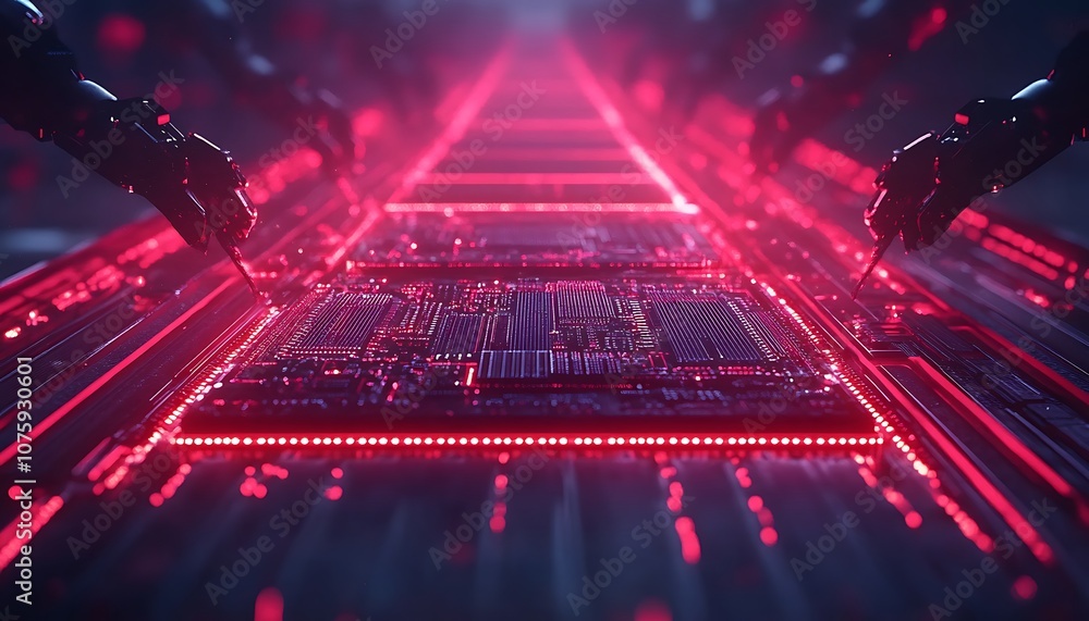 Poster A futuristic scene depicting robotic hands interacting with a glowing circuit board amidst a digital red environment.