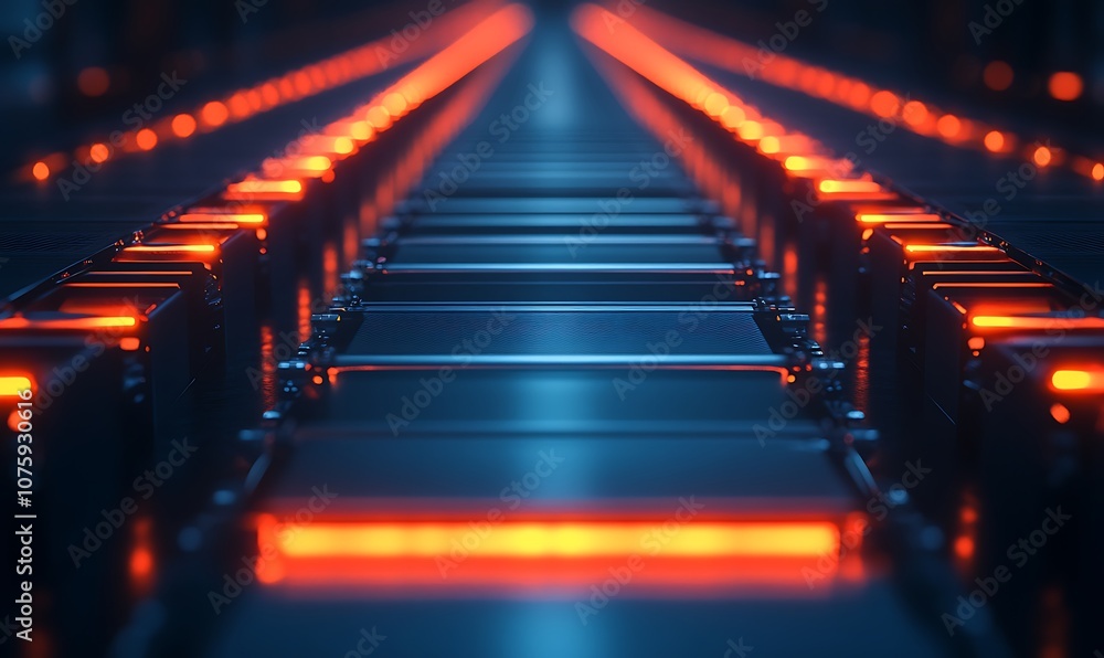 Poster a futuristic industrial scene featuring illuminated tracks, creating a captivating perspective with 